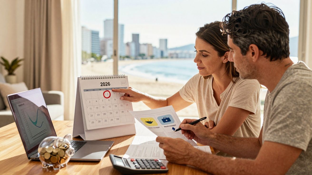 Casal revisa finanças com calculadora, calendário de 2026 e laptop em mesa perto da praia.