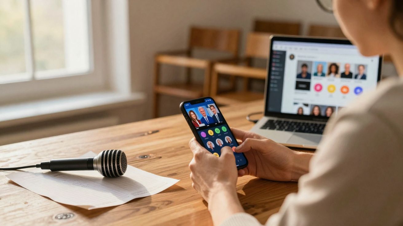 Pessoa participando de videoconferência pelo celular, com laptop e microfone sobre mesa de madeira.