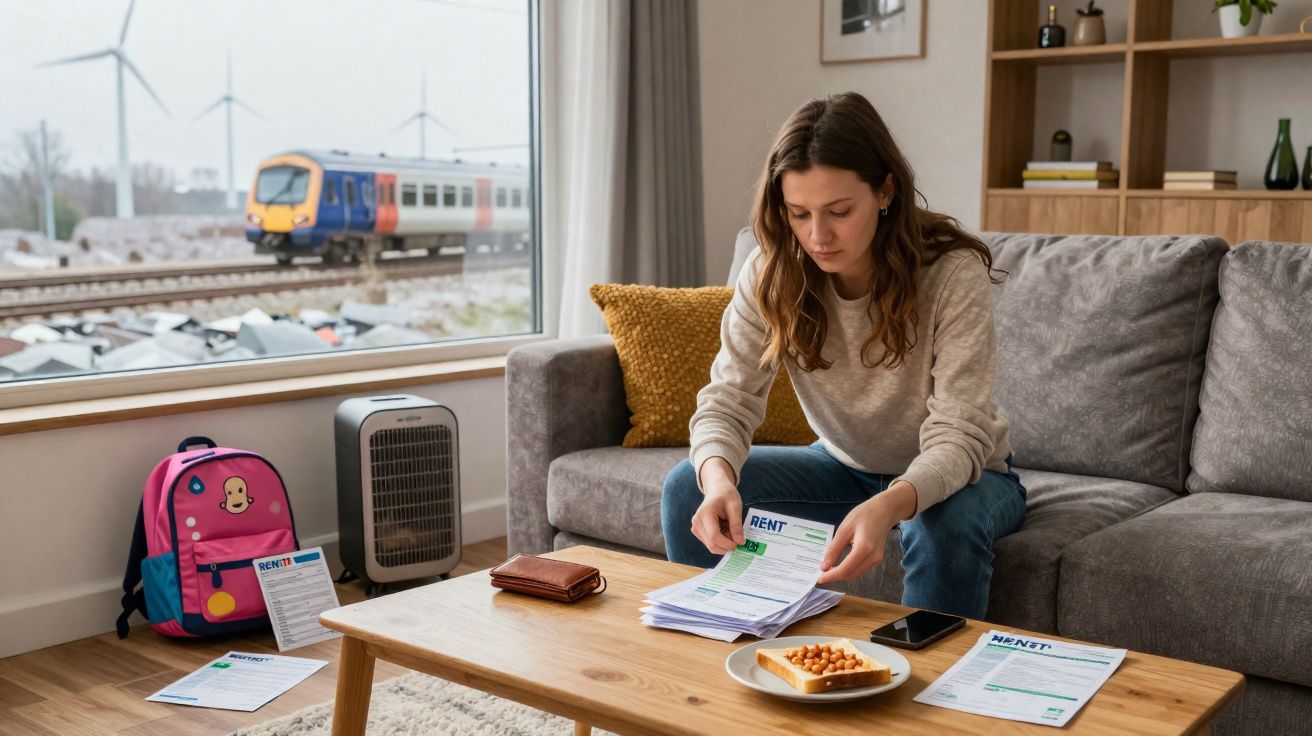 Mulher sentada no sofá revisando contas em casa com mochila rosa e trem passando pela janela.