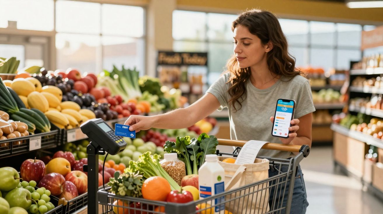 Mulher no supermercado pagando com cartão de crédito e segurando celular, carrinho cheio de frutas e verduras.
