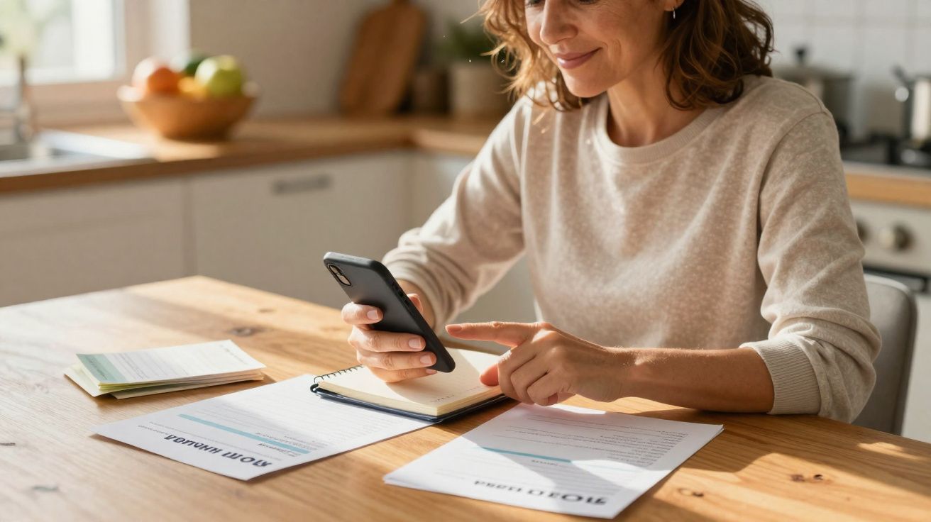 Mulher sentada à mesa usando celular e consultando documentos com texto "Ação de alimentos" em ambiente doméstico.