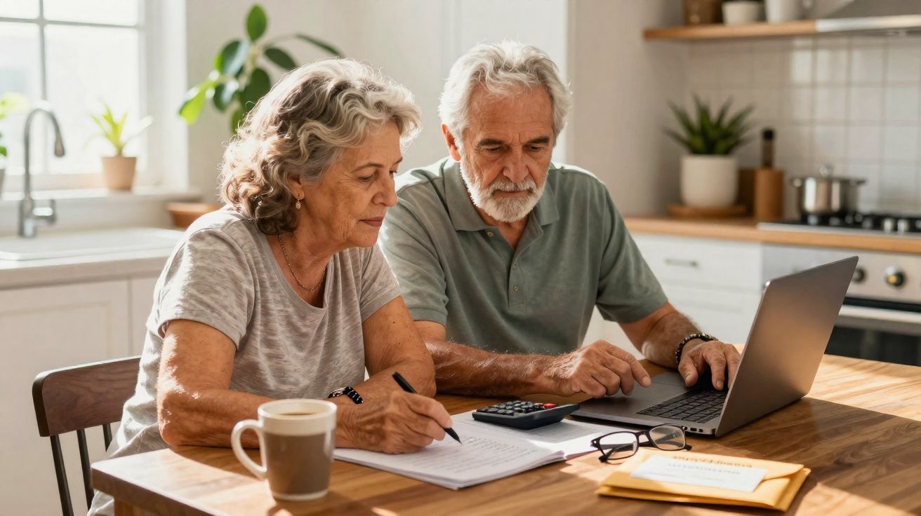 Casal idoso sentado à mesa, calculando despesas com laptop, calculadora e documentos na cozinha.