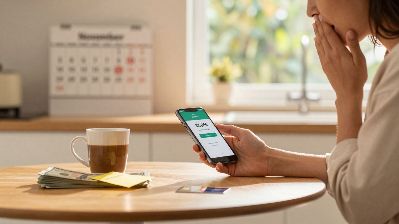 Mulher com expressão preocupada olha para celular mostrando saldo bancário, ao lado dinheiro e xícara de café numa mesa.