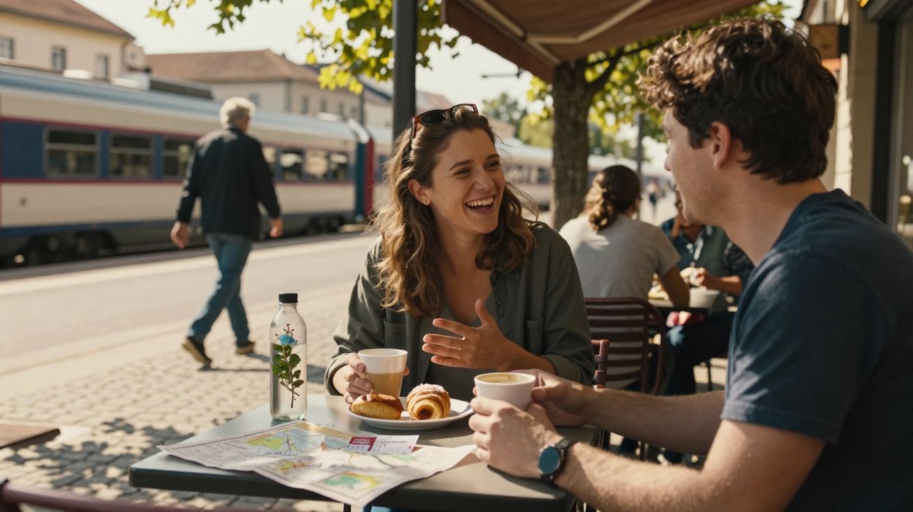 Casal sorridente tomando café da manhã em restaurante ao ar livre próximo a estação de trem.