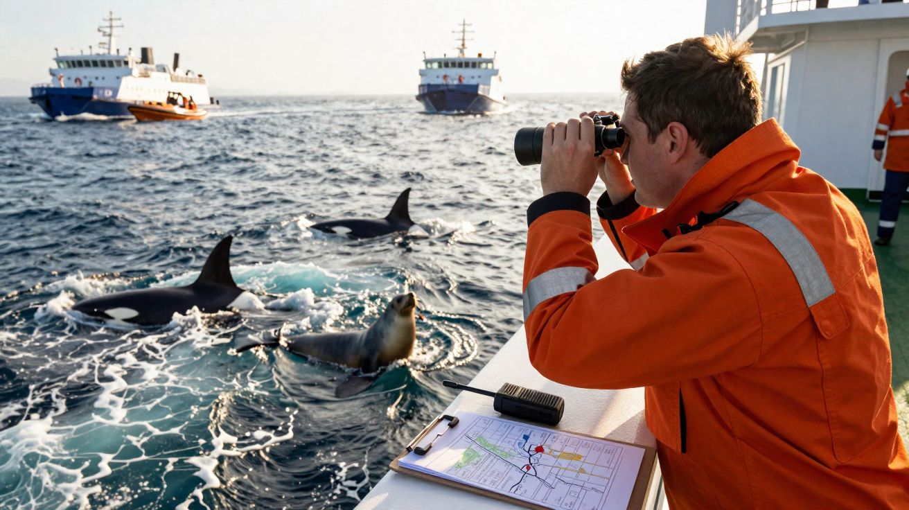 Homem em jaqueta laranja observa orcas e uma foca no oceano a partir de um barco com binóculos.