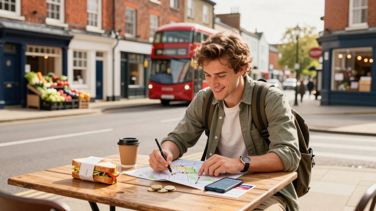 Jovem sentado em mesa ao ar livre consultando mapa, com lanche, café, celular e ônibus vermelho ao fundo.