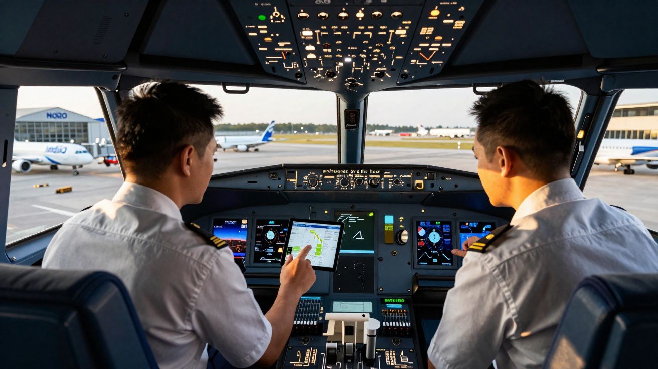 Dois pilotos em uniforme em cabine de avião com painéis eletrônicos e aeronaves ao fundo.