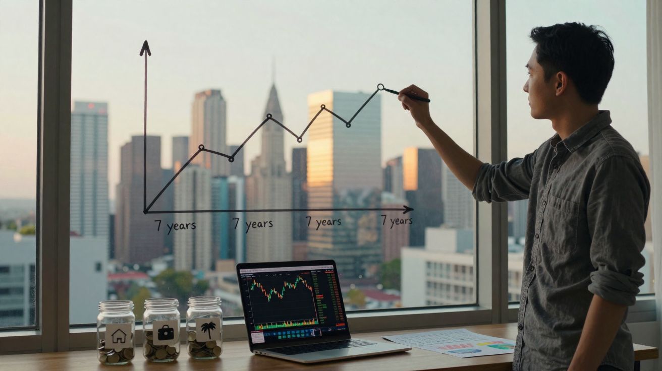 Homem desenha gráfico de crescimento em janela com prédios ao fundo e três potes com moedas na mesa.