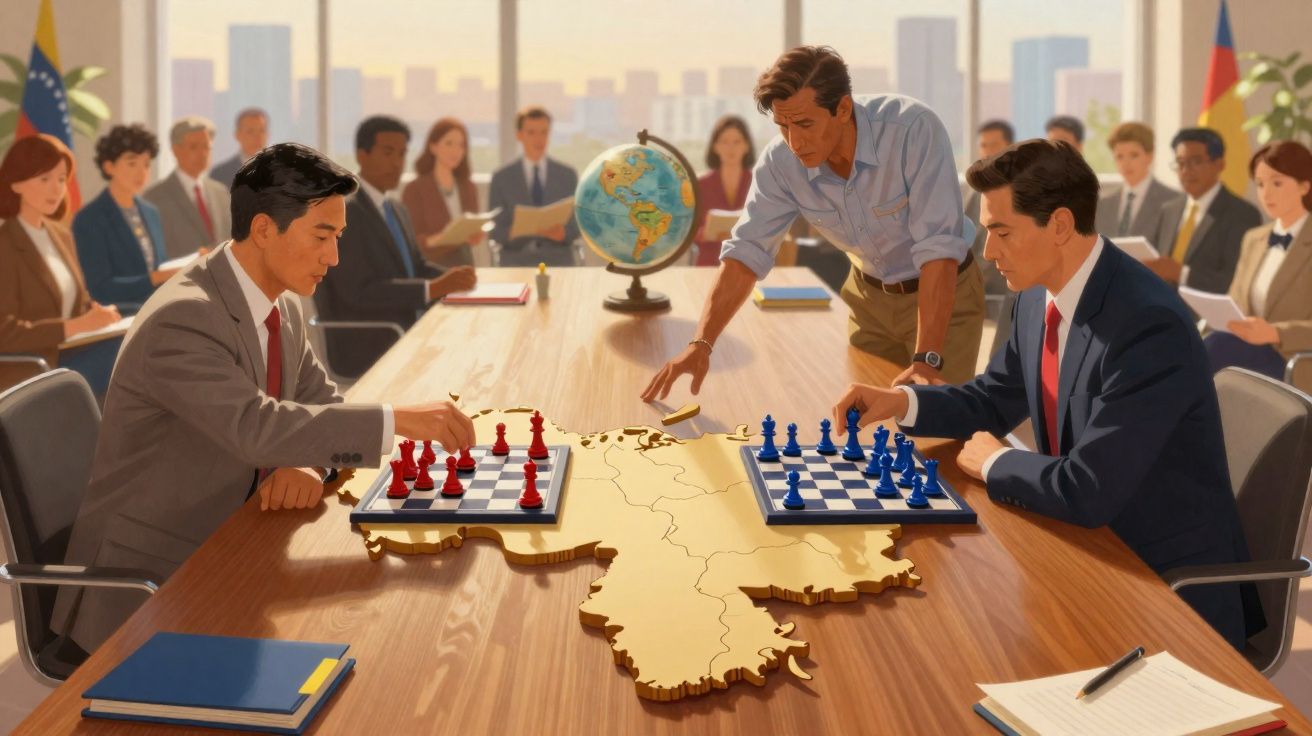 Dois homens jogando xadrez em tabuleiros sobre mapa de uma península, enquanto pessoas observam em uma sala de reunião.