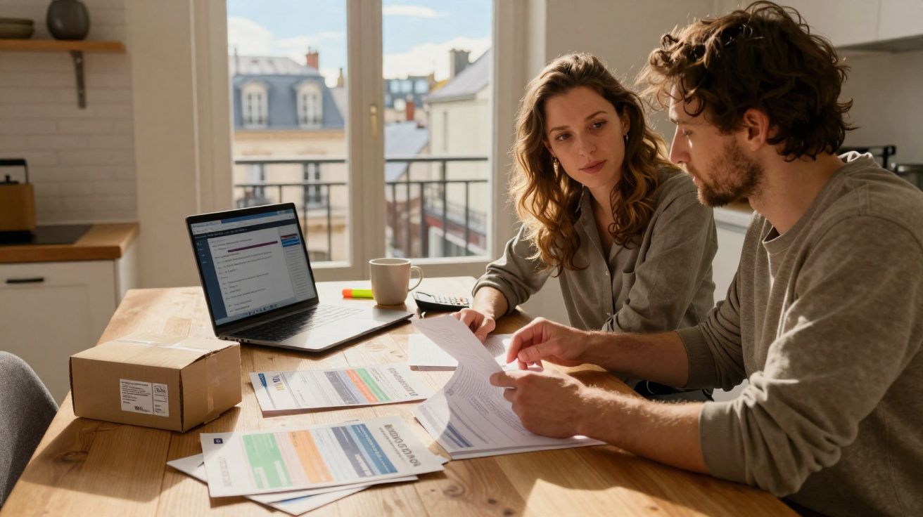 Casal jovem analisando documentos financeiros em mesa de madeira com laptop em ambiente iluminado.