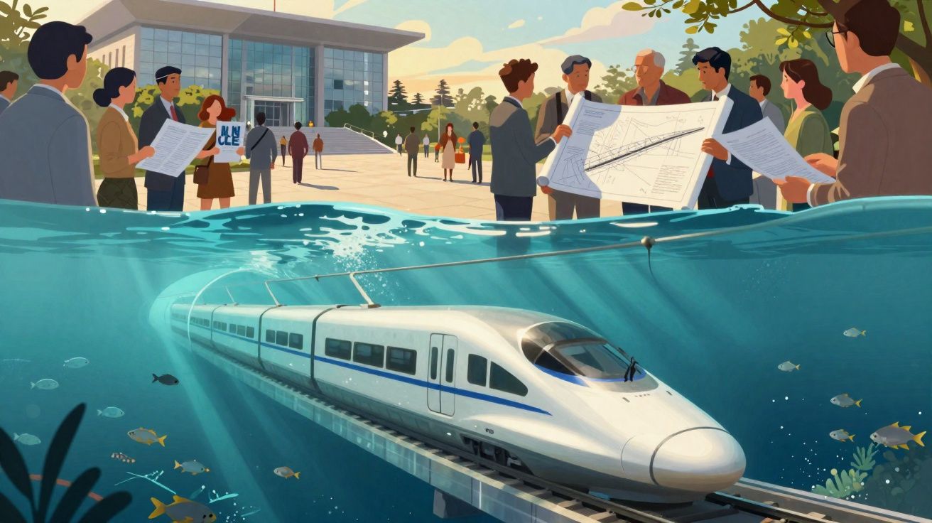 Trem-bala subaquático em um túnel com peixes, enquanto pessoas analisam mapas e discutem em área urbana.