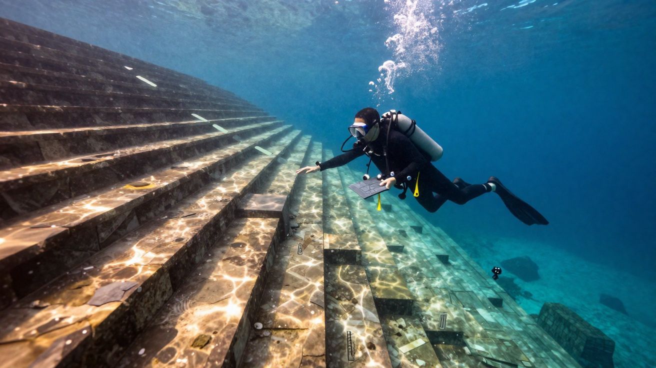 Mergulhador explorando escadaria submersa em água clara com mesas e objetos espalhados.