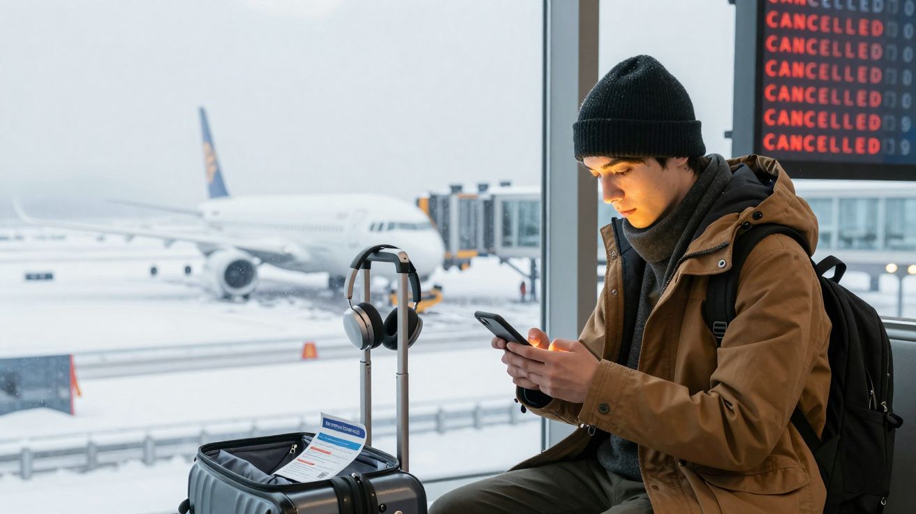 Jovem com roupas de inverno sentado no aeroporto verificando o celular, avião e painel de voos cancelados ao fundo.