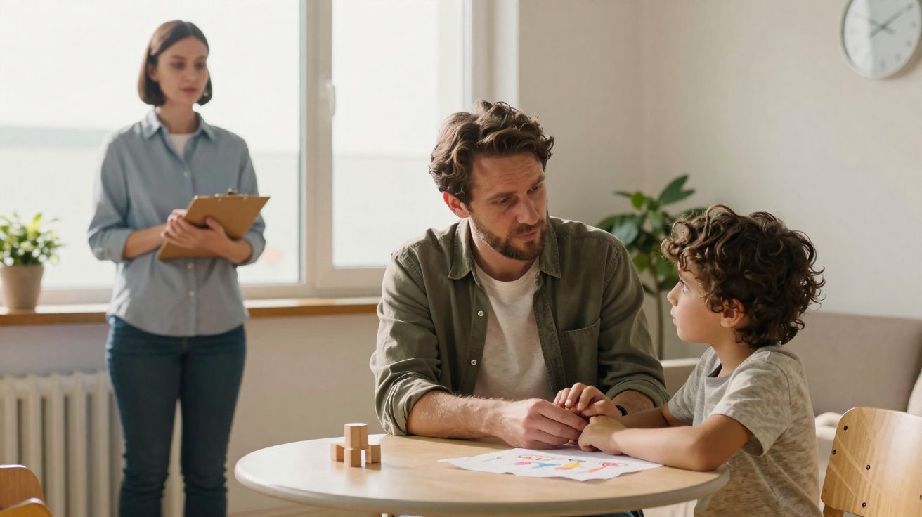 Pai conversando com filho em mesa enquanto psicóloga observa ao fundo com prancheta em ambiente claro.