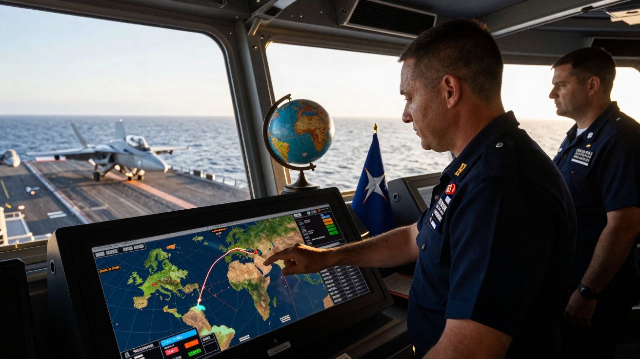 Dois militares analisam rota em tela digital no convés de porta-aviões com avião ao fundo no mar.