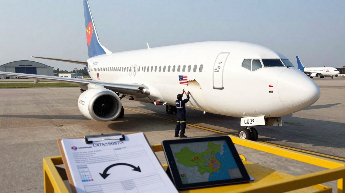 Funcionário realiza inspeção em aeronave branca estacionada em aeroporto, com documentos e tablet em primeiro plano.