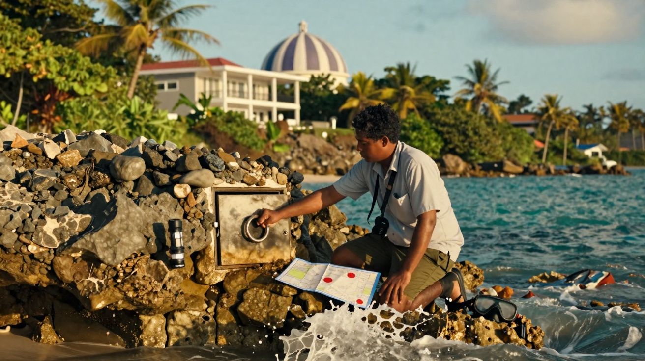 Homem mexendo em uma caixa de metal em rocha perto do mar com mapa aberto ao lado ao entardecer.