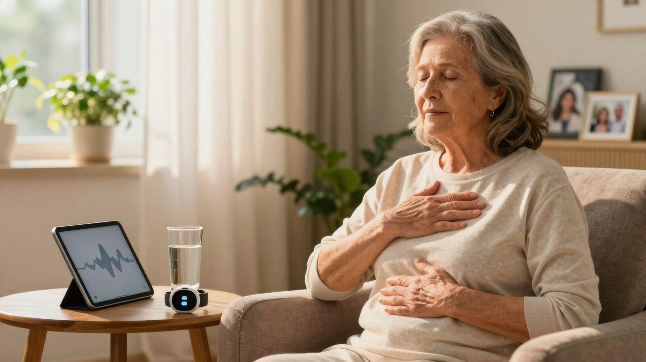 Mulher idosa sentada, com as mãos no peito e barriga, monitorando saúde em ambiente tranquilo.
