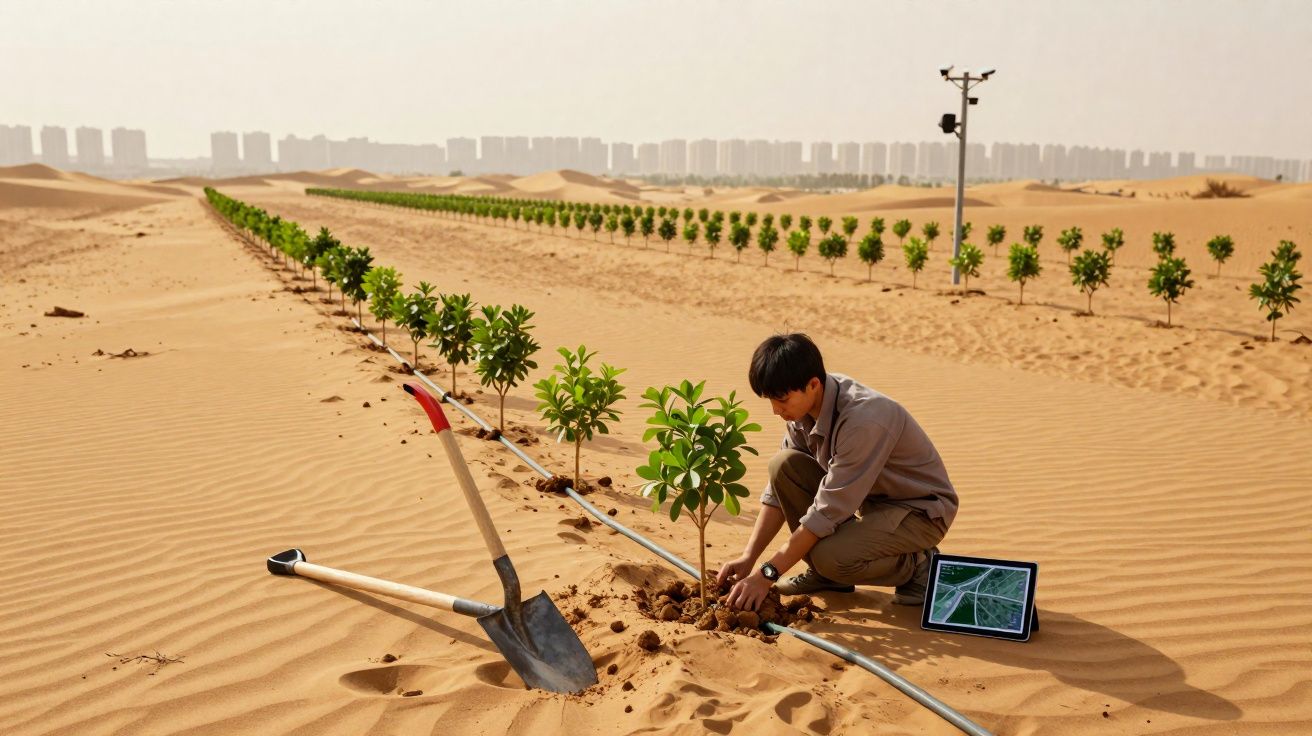 Homem planta muda em linha de árvores no deserto com tablet e enxada ao lado.