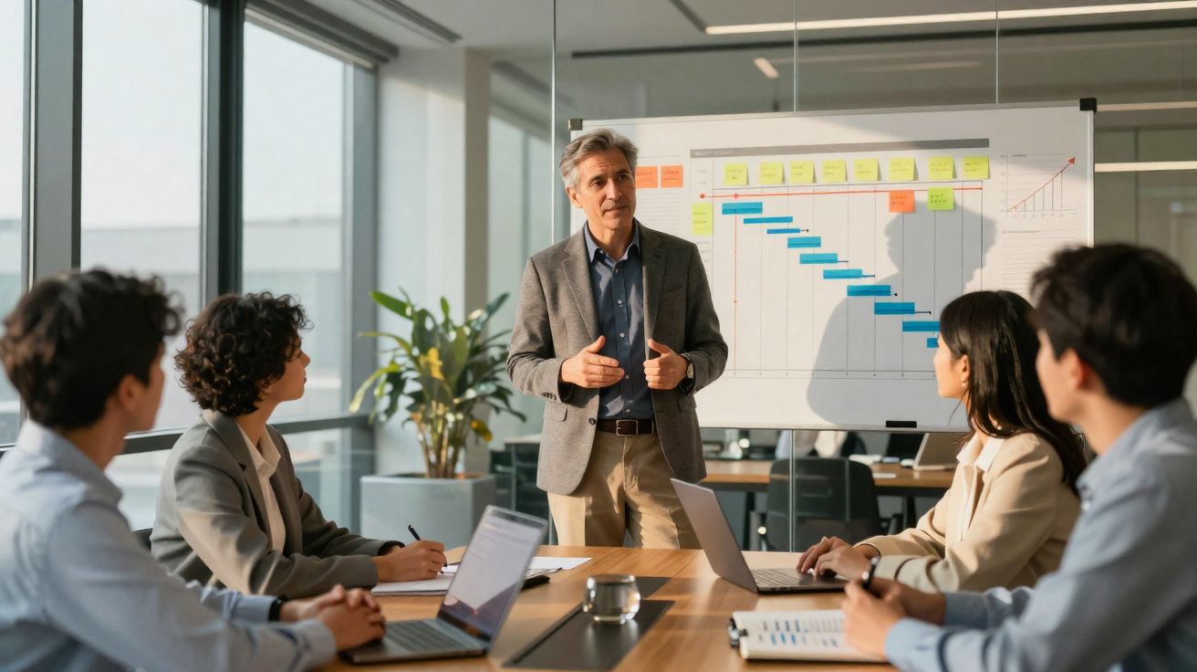 Homem em terno cinza apresenta gráfico para equipe em reunião de escritório moderno com laptops e plantas.