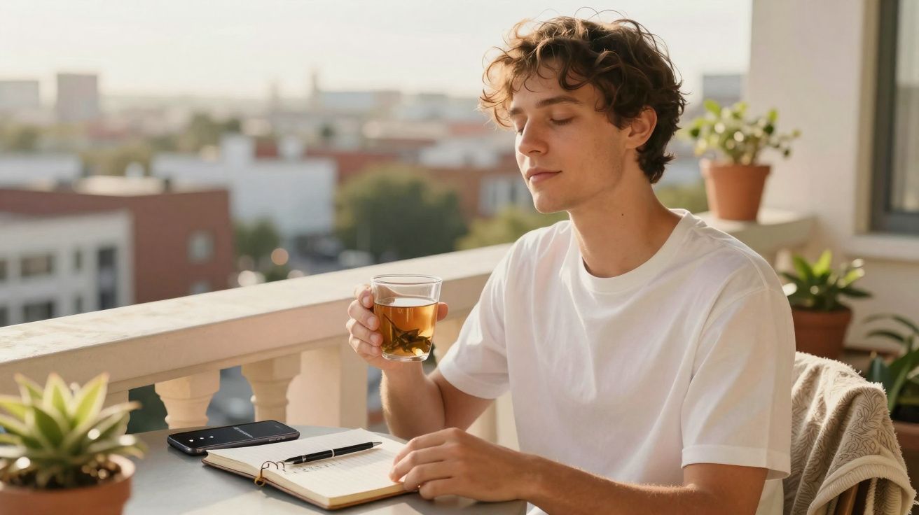 Jovem de camiseta branca bebendo chá e lendo no terraço ensolarado com plantas ao redor.