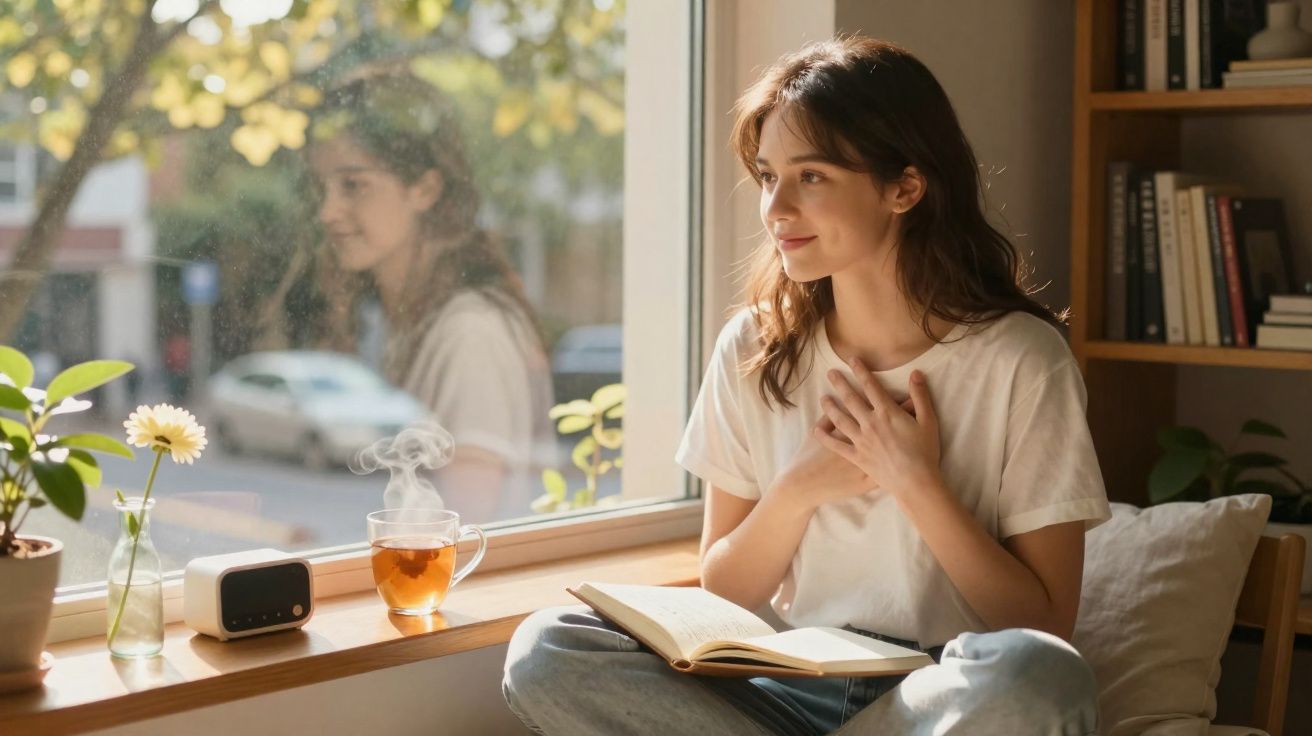 Mulher sorrindo sentada perto da janela com livro aberto, chá quente, plantas e estante de livros.