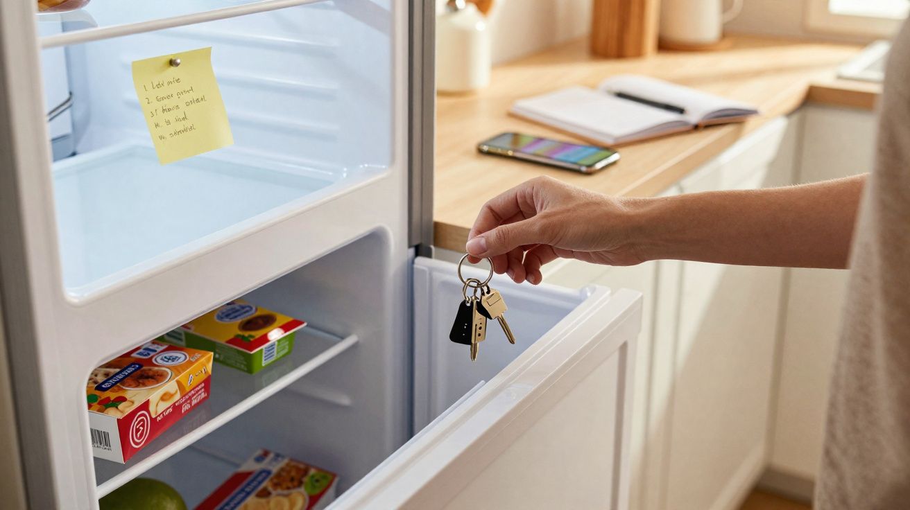 Pessoa abrindo a porta do congelador de geladeira com um chaveiro na mão em cozinha iluminada.
