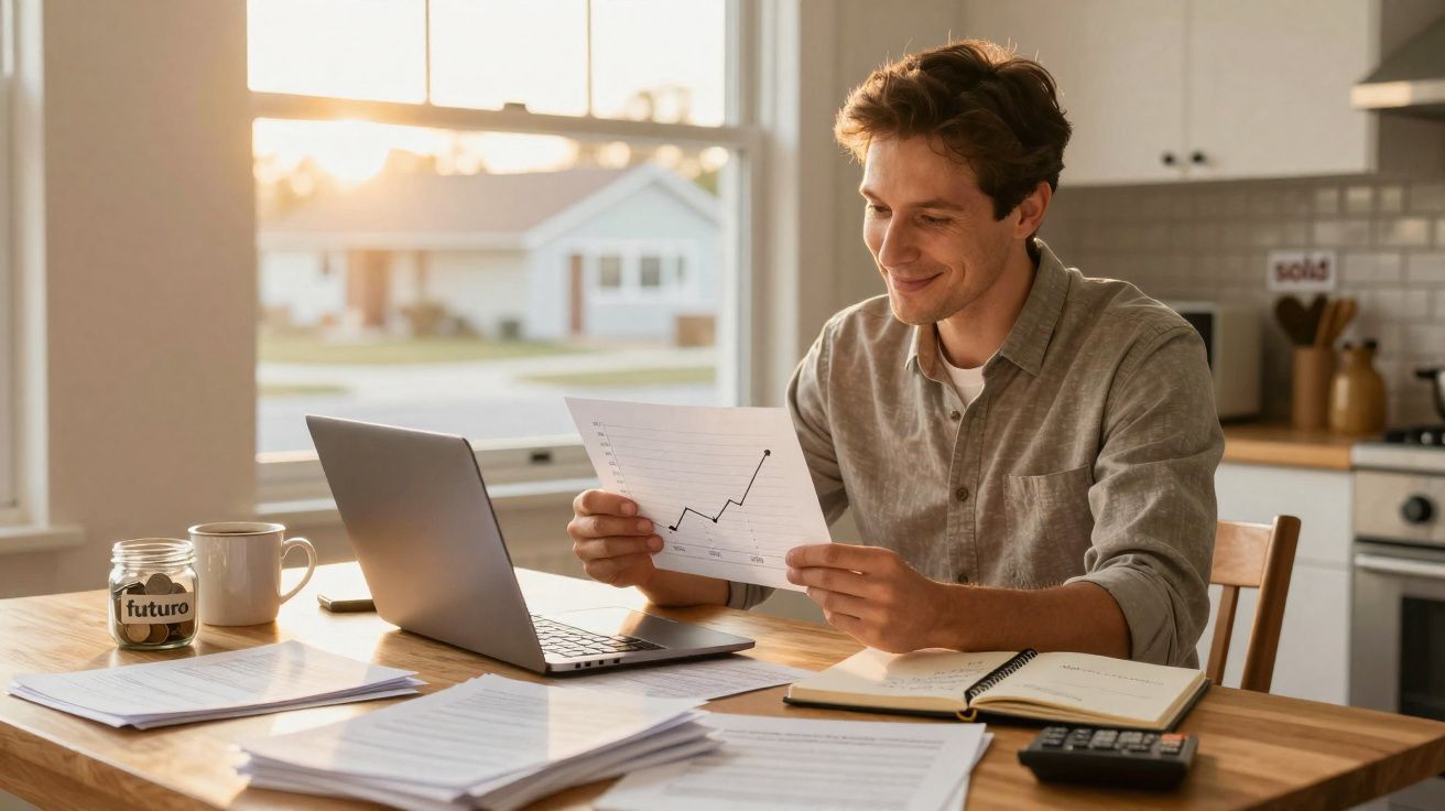 Homem sorrindo analisando gráfico de crescimento sentado à mesa com laptop e documentos em casa.