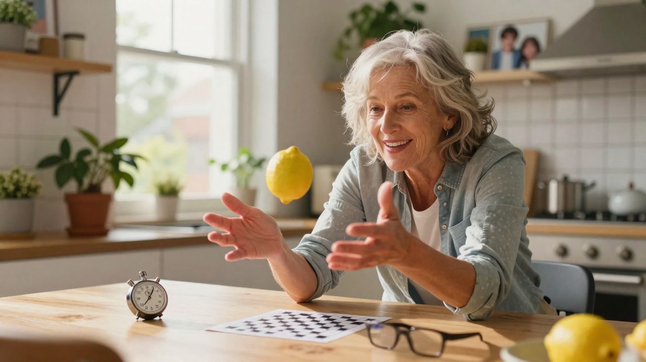 Mulher idosa sorrindo enquanto joga um limão na cozinha iluminada e aconchegante.