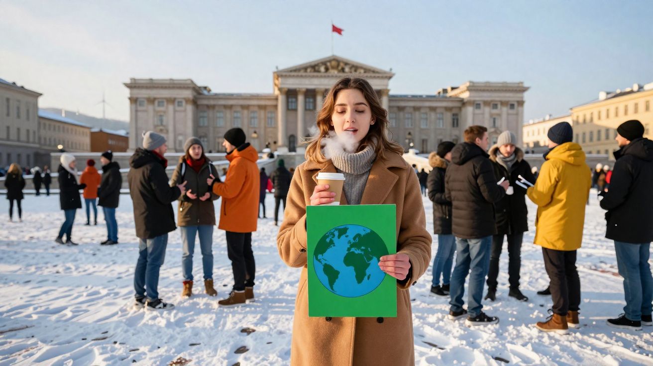 Jovem com casaco bege segura copo e cartaz do planeta Terra durante protesto em área coberta de neve.