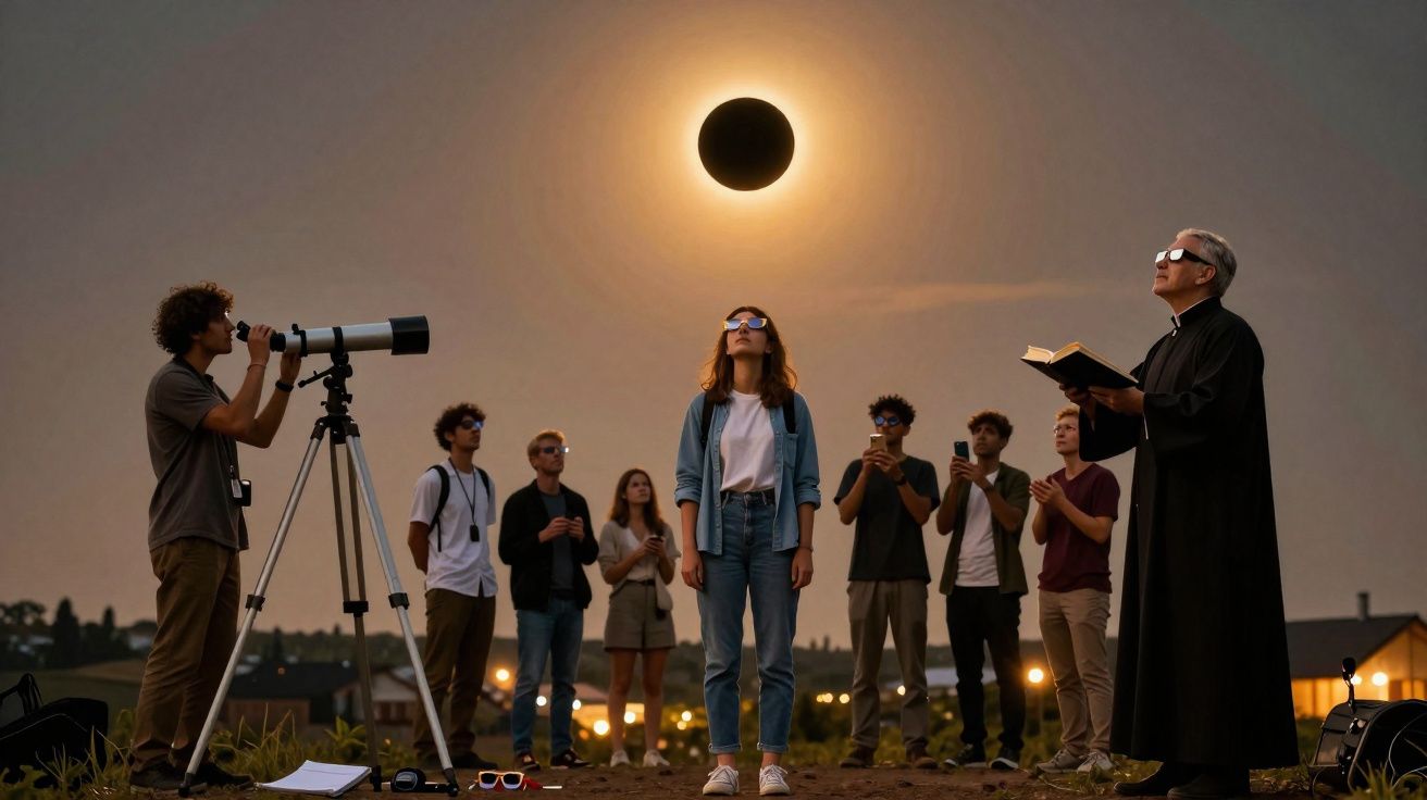 Grupo de pessoas com óculos especiais observando eclipse solar com telescópio ao entardecer.