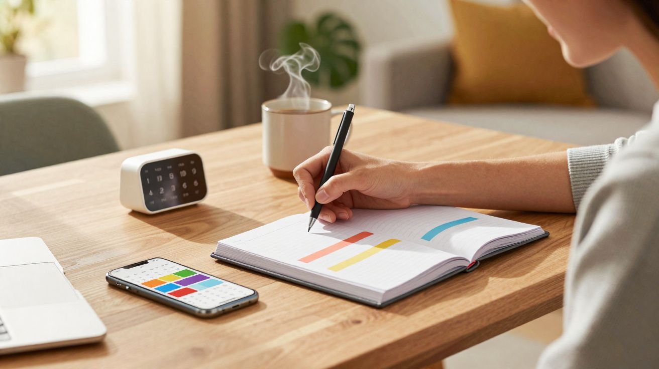 Pessoa escrevendo gráficos coloridos em caderno ao lado de celular, relógio digital e caneca com fumaça.