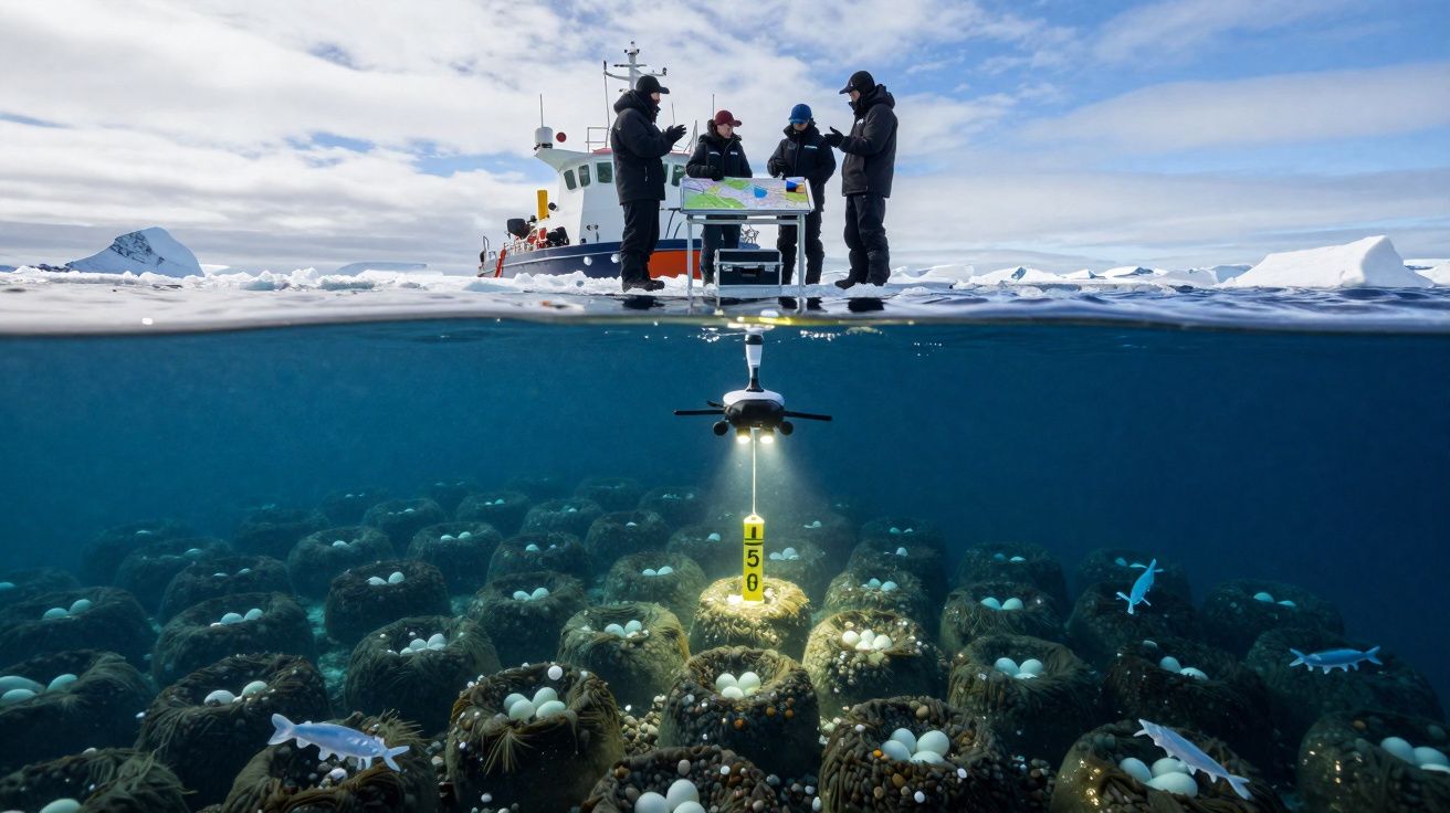 Cientistas em barco no gelo ártico e drone subaquático iluminando ninhos com ovos no fundo do mar.
