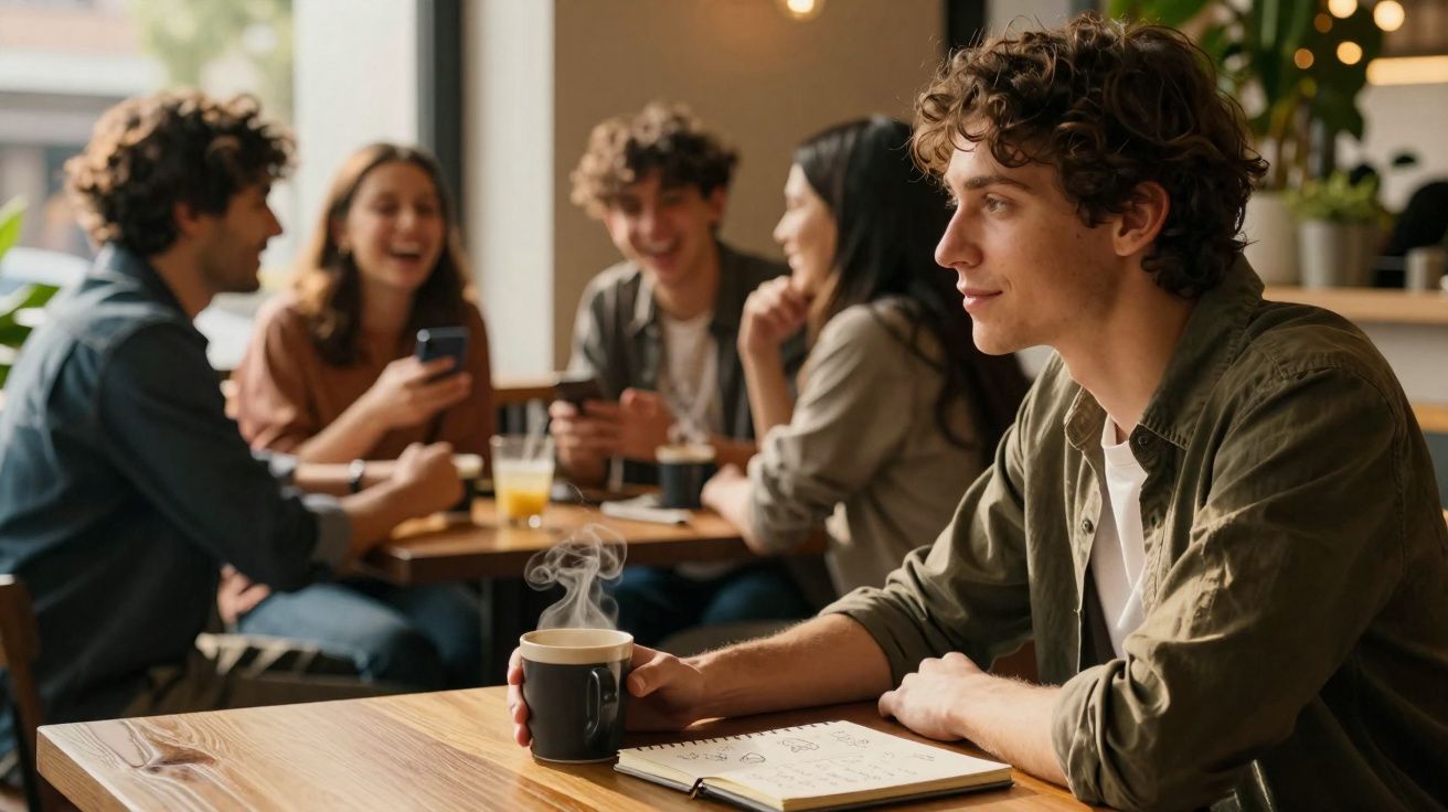 Jovem sentado sozinho tomando café enquanto grupo de amigos conversa animadamente ao fundo em cafeteria.