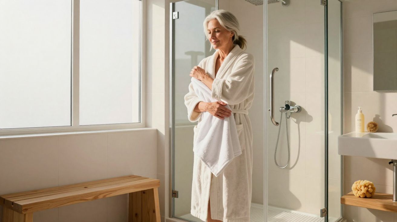 Mulher idosa de robe branco segurando toalha em banheiro claro com chuveiro e banco de madeira.