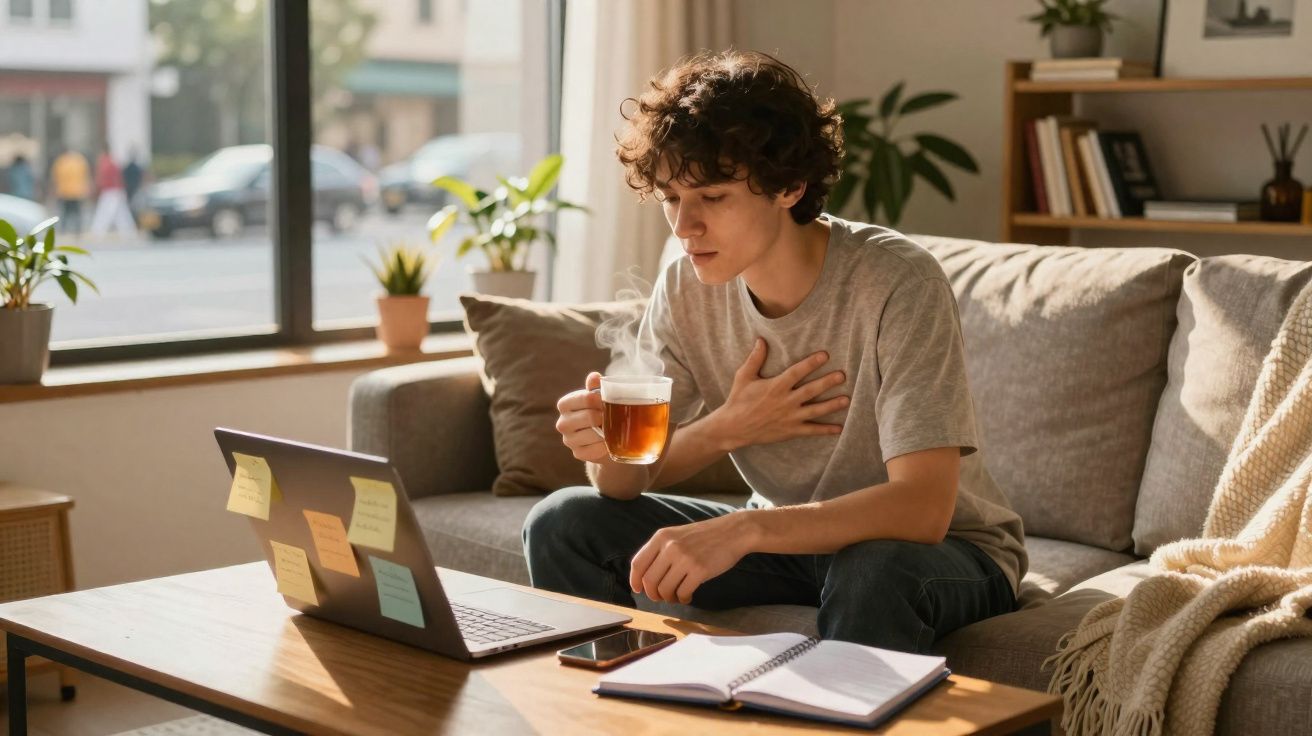 Jovem sentado no sofá segurando uma xícara de chá quente, parece estar com desconforto no peito.
