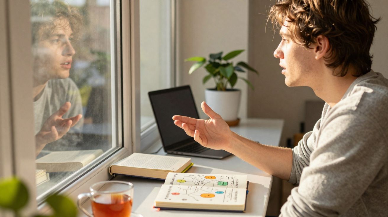 Jovem estudante sentado à mesa, gesticulando enquanto fala olhando pela janela, com livros e laptop.