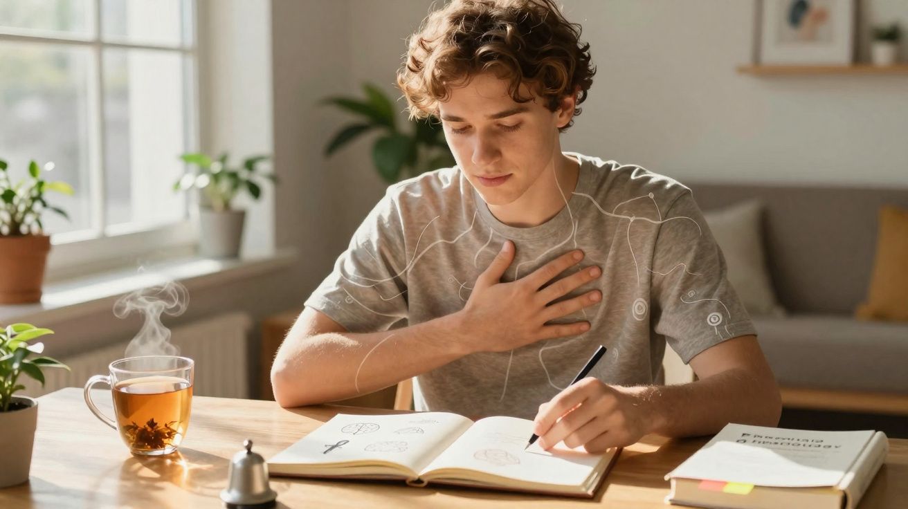 Jovem sentado à mesa, concentrado estudando com livro aberto e chá quente ao lado, em ambiente iluminado.