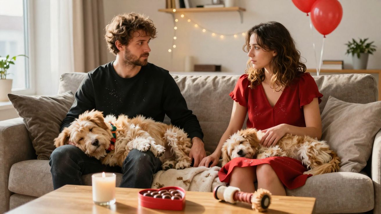 Casal sentado no sofá com cachorros no colo, olhando um para o outro em ambiente aconchegante.