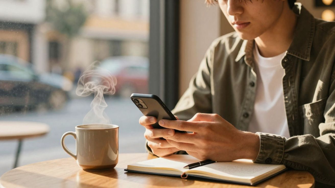 Pessoa sentada em café usando celular, com caderno aberto e xícara de café fumegante na mesa.