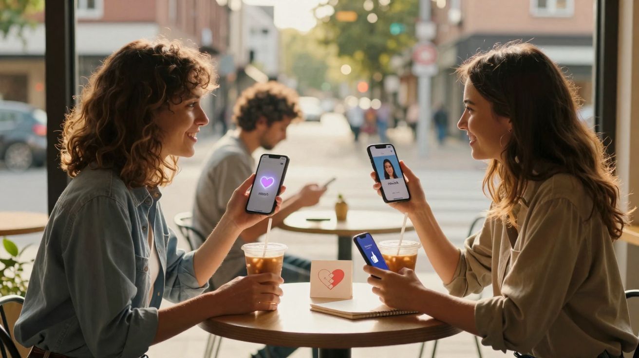 Duas mulheres sentadas em café, trocando mensagens em aplicativos de relacionamento no celular.