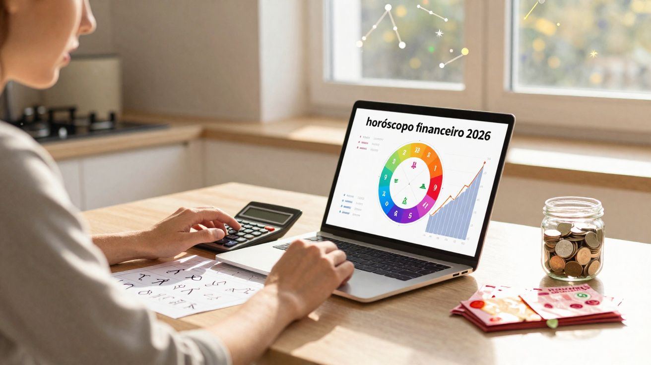 Pessoa usando calculadora e notebook com gráfico de horóscopo financeiro 2026 em mesa com cofrinho e cadernos.