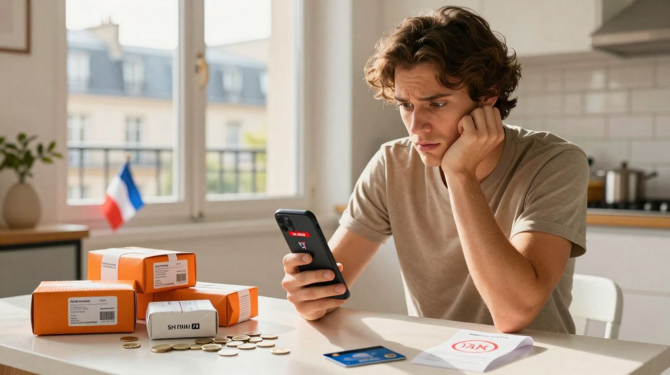 Jovem preocupado consulta celular em cozinha, com moedas, boletos e cartão bancário sobre a mesa.