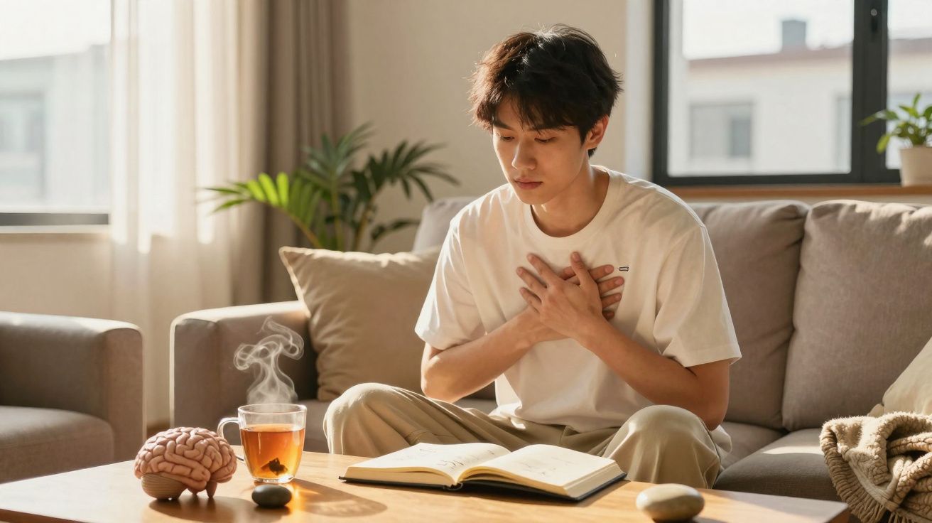 Jovem sentado no sofá com as mãos no peito, livro aberto e xícara de chá com vapor na mesa à sua frente.