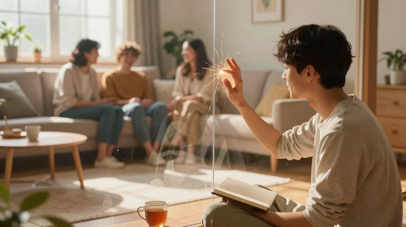 Jovem lendo livro e tocando vidro com brilho, enquanto três pessoas conversam ao fundo em sala iluminada.