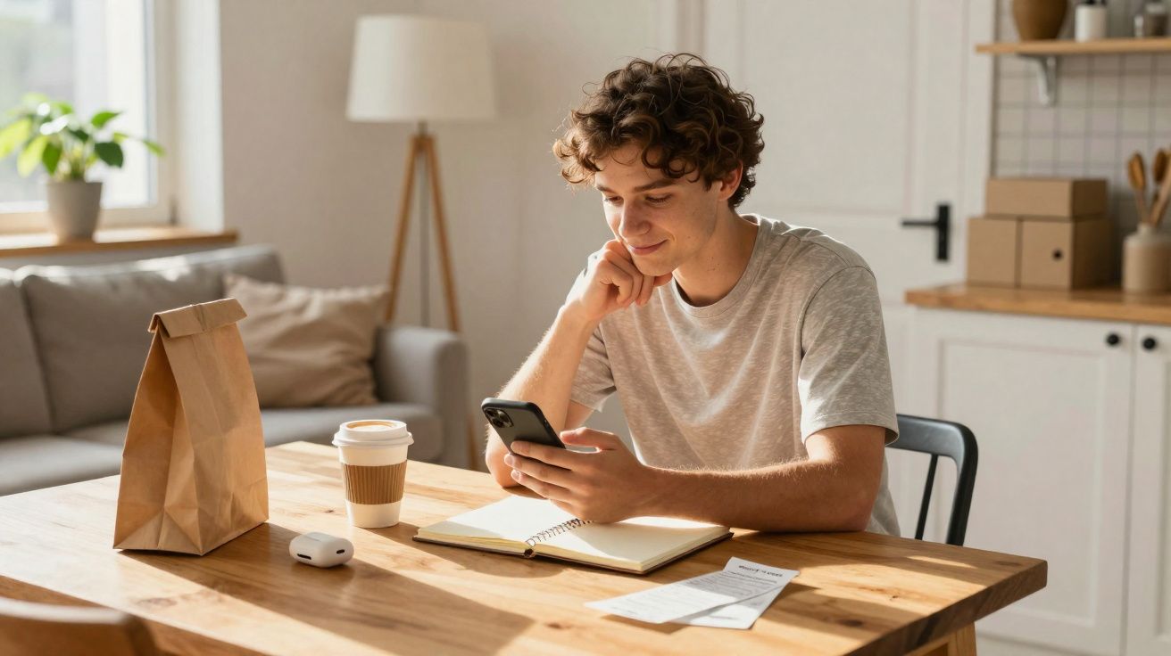 Jovem sentado à mesa olhando para celular com caderno, copo de café, fones e sacola de papel à sua frente.