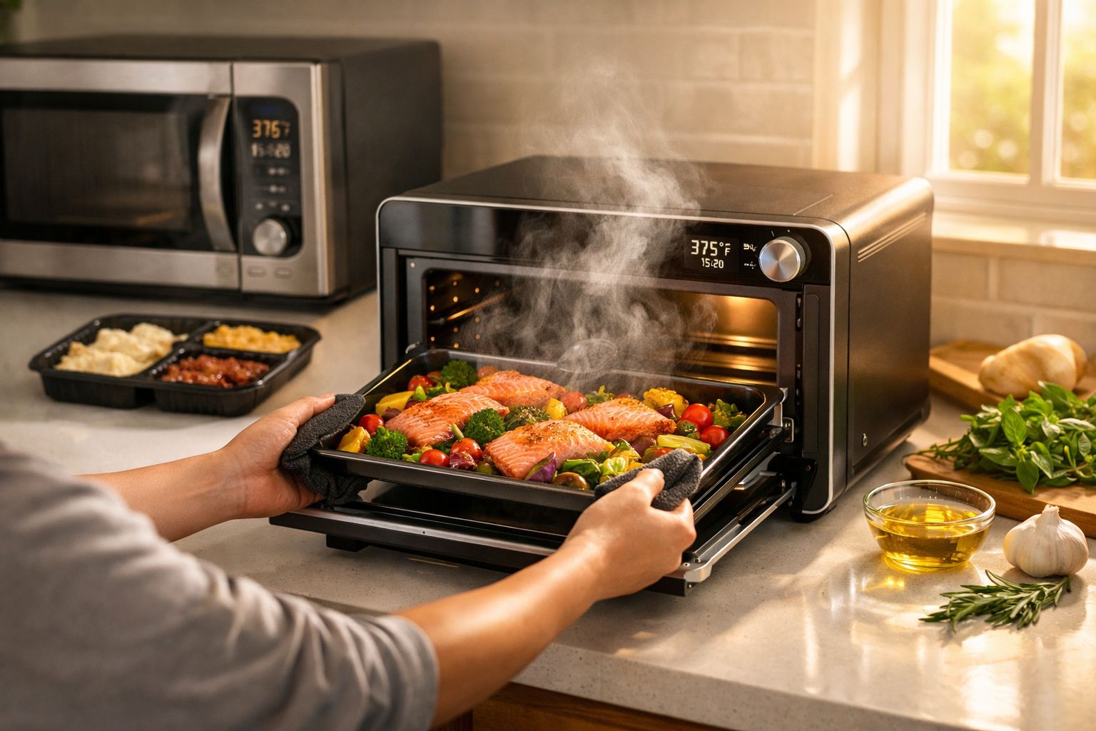 Pessoa retirando travessa com salmão e legumes de forno elétrico preto na cozinha ensolarada.