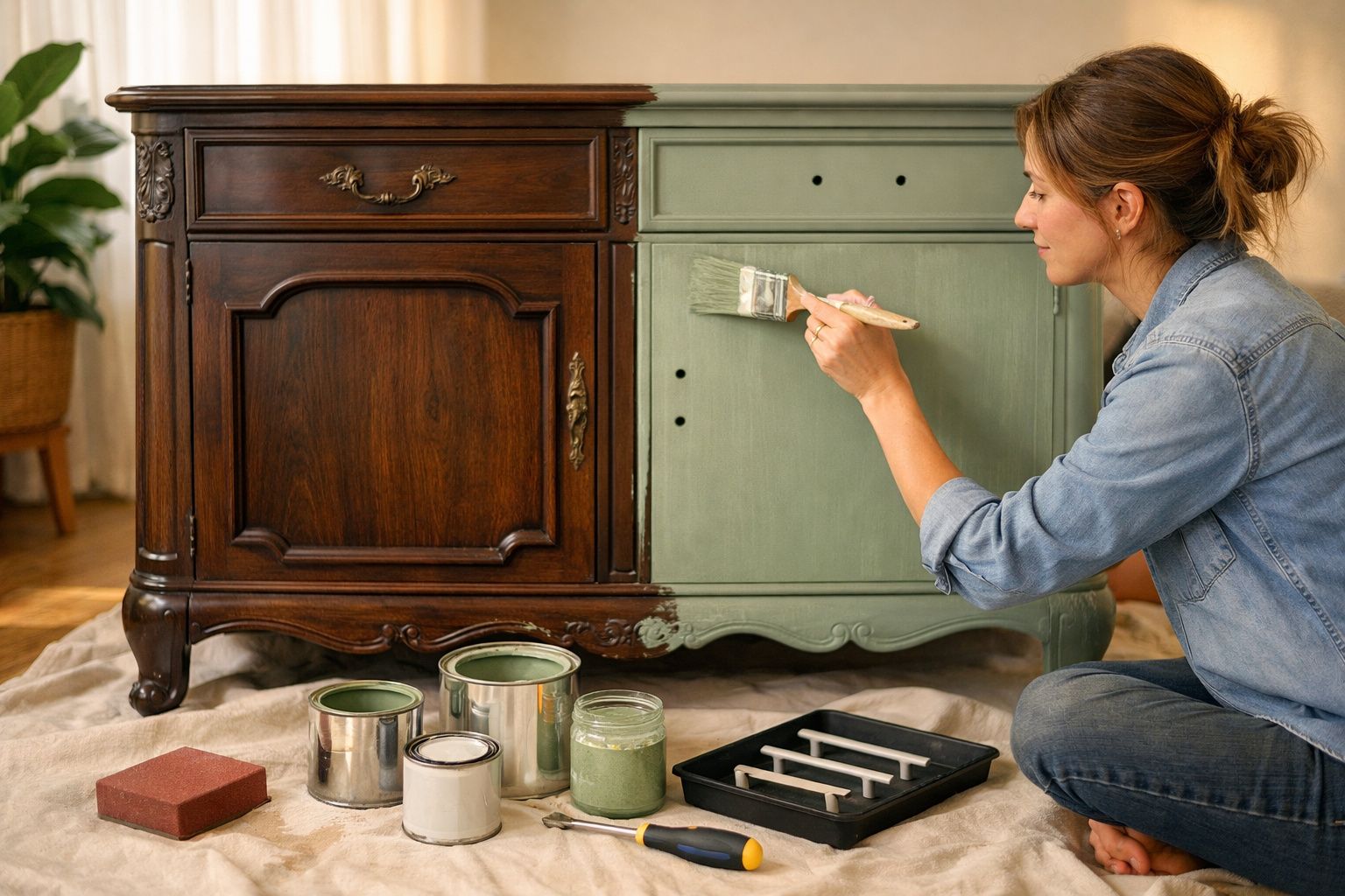 Mulher pintando móvel antigo de marrom para verde em casa com pincel e tinta.