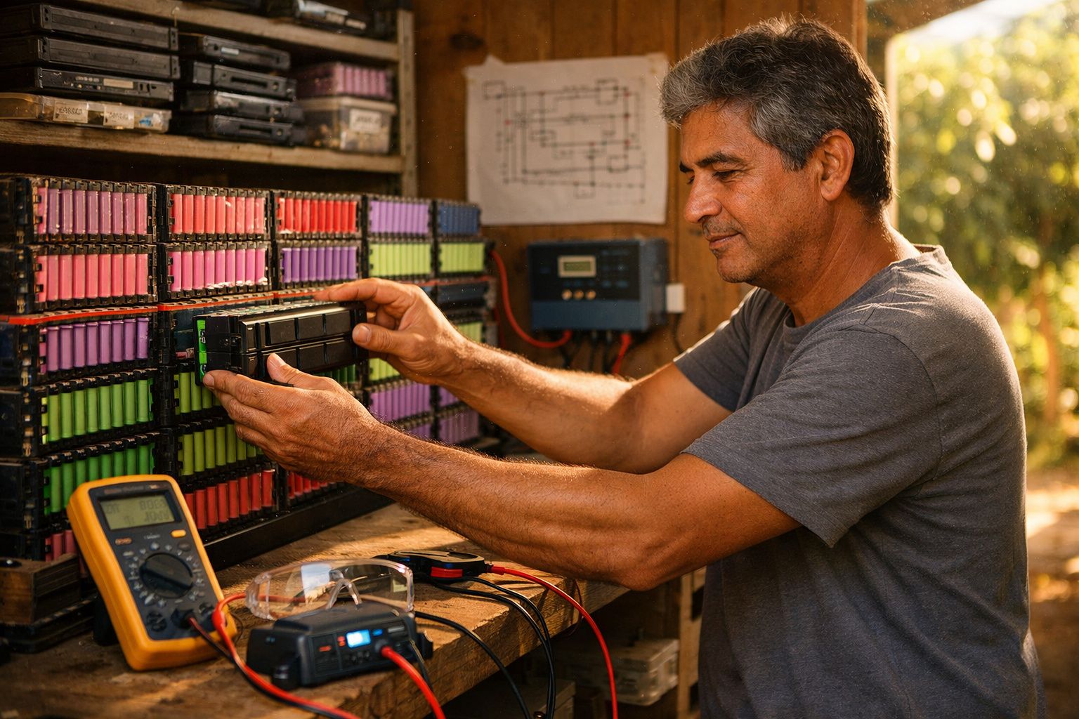 Homem ajusta módulos coloridos de bateria em bancada com equipamentos eletrônicos e gafas de proteção.