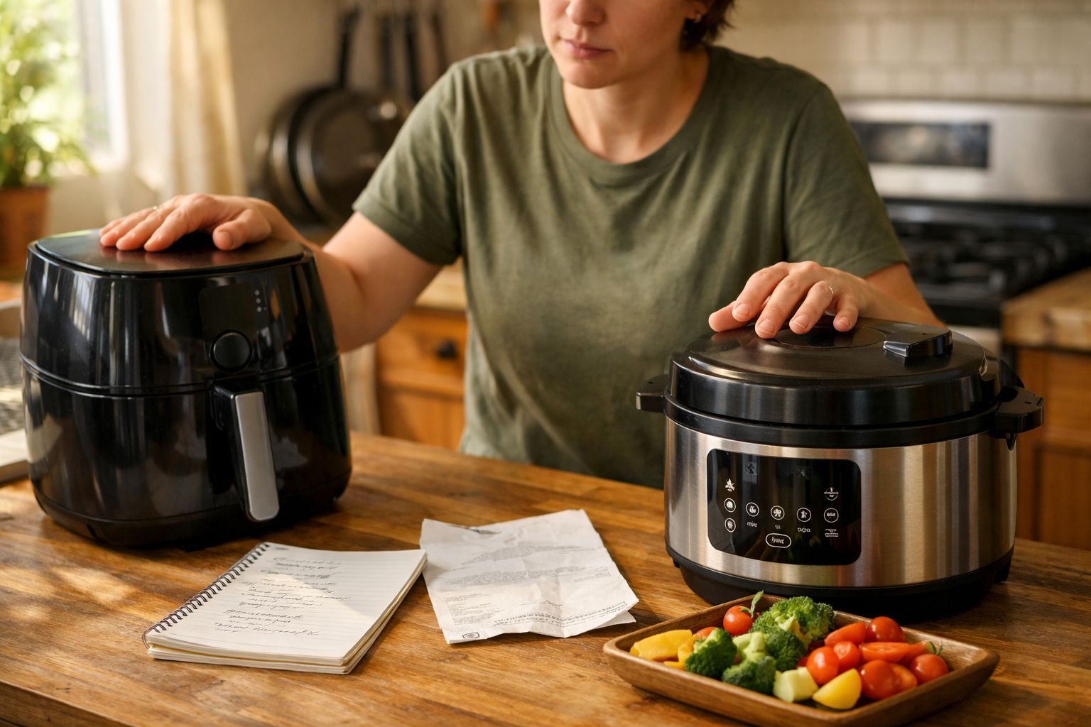 Pessoa comparando uma fritadeira elétrica e uma panela elétrica em uma cozinha doméstica.